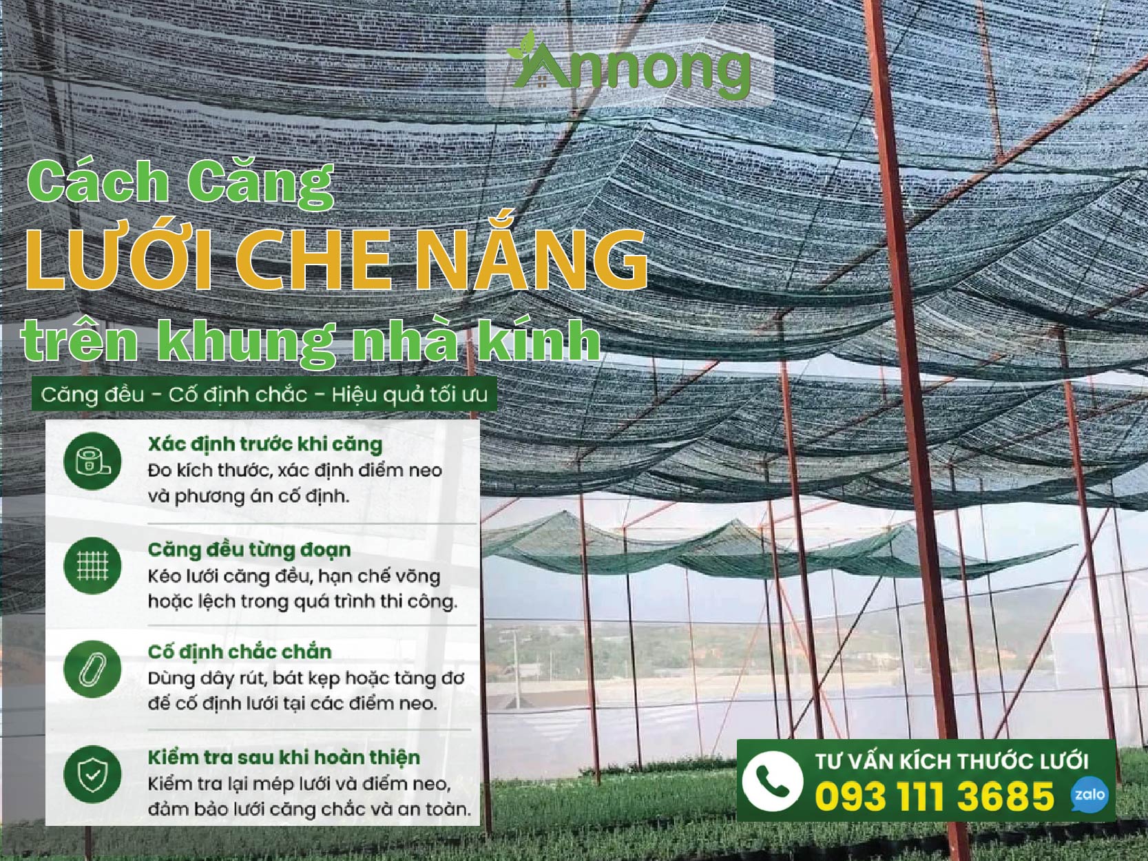 Căng và cố định lưới trên khung nhà kính