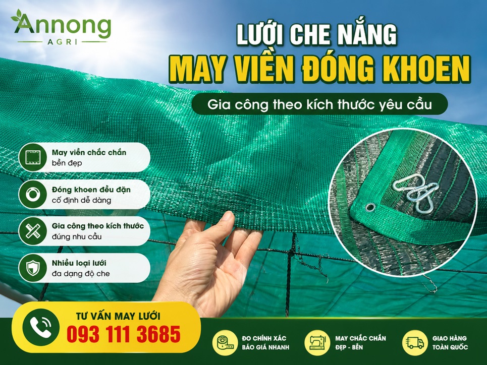 Hình ảnh tấm lưới che nắng đã được may viền hoàn thiện và đóng khoen quanh mép, phù hợp gia công theo kích thước khu vực cần che.
