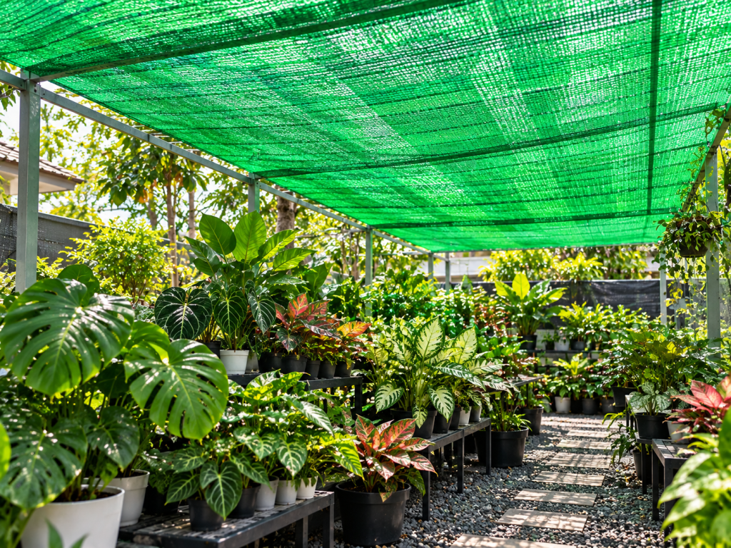 Lưới che nắng 50% màu xanh và đen khác gì? 1 Lưới che nắng 50% màu xanh cho khu vực trồng cây kiểng lá