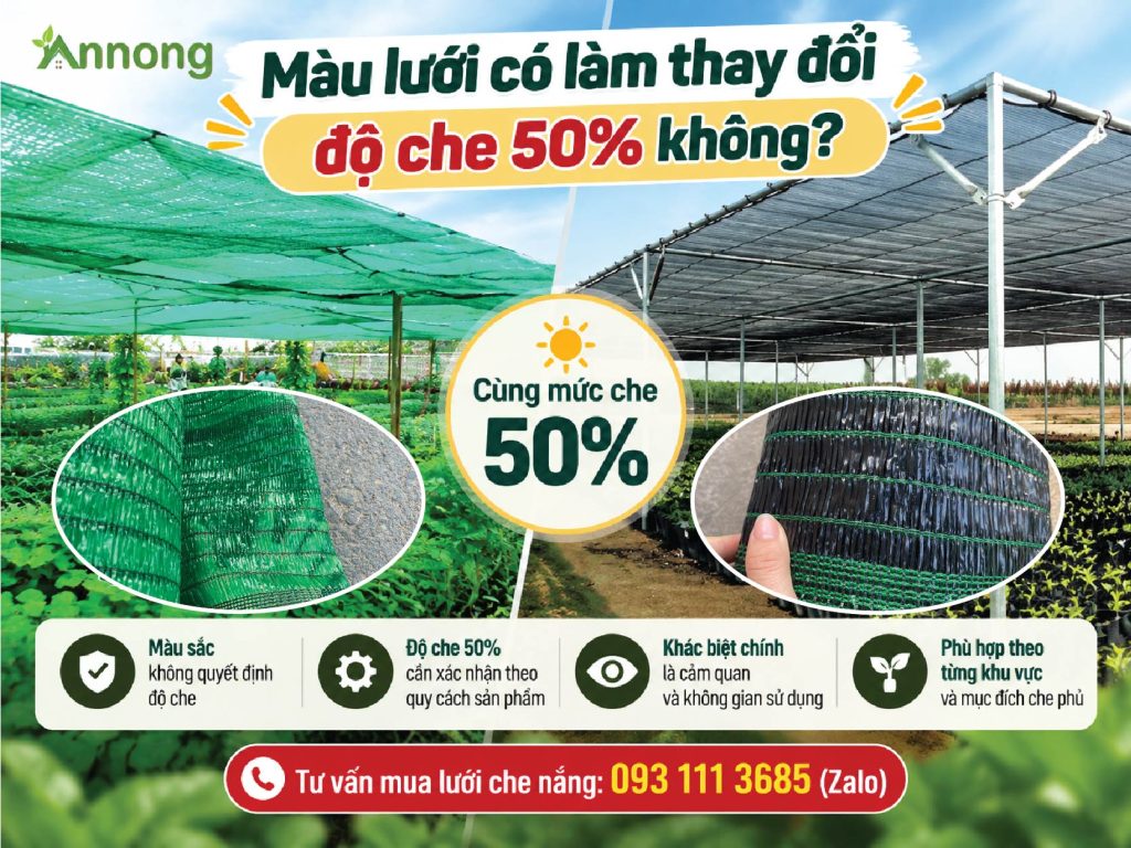 Lưới che nắng 50% màu xanh và đen khác gì? 2 Lưới che nắng 50% màu xanh cùng mức che 50%