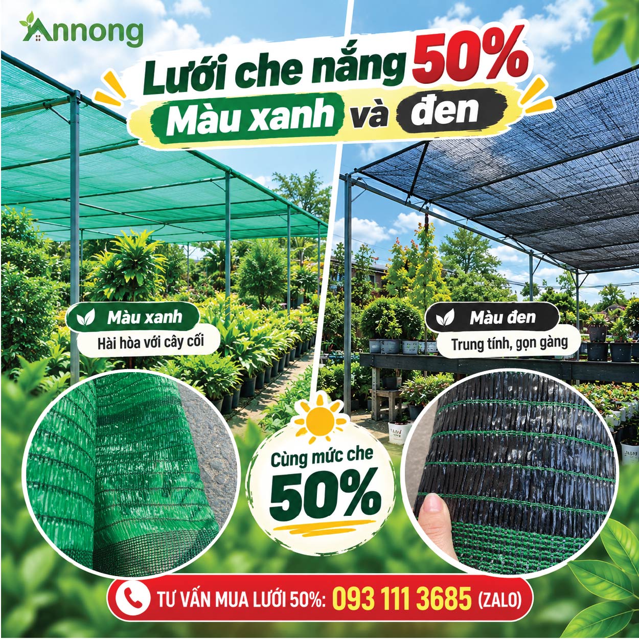 Lưới che nắng 50% màu xanh và đen