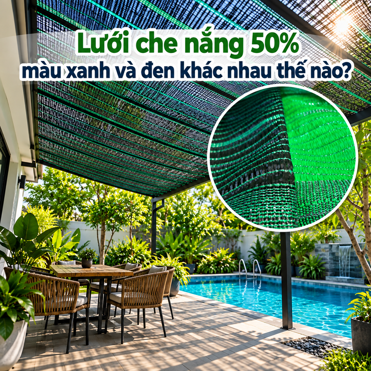 Lưới che nắng 50% màu xanh và đen khác gì?