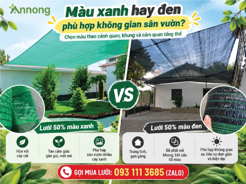 Lưới che nắng 50% màu xanh và đen khác gì? 6 So sánh lưới che nắng 50% xanh và đen cho sân vườn