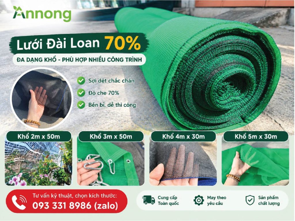 Các khổ lưới Đài Loan 70% từ 2m đến 5m