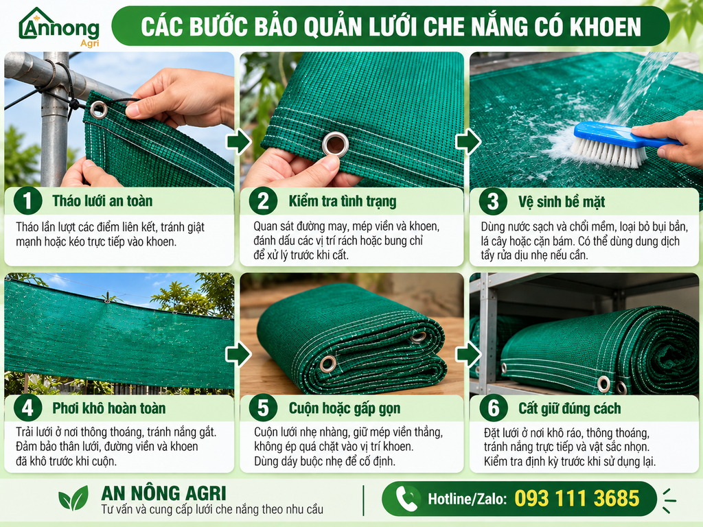 Cách bảo quản lưới che nắng có khoen bền lâu, hạn chế hư hỏng 1 Cách bảo quản lưới che nắng có khoen bao gồm 6 bước như trong hình